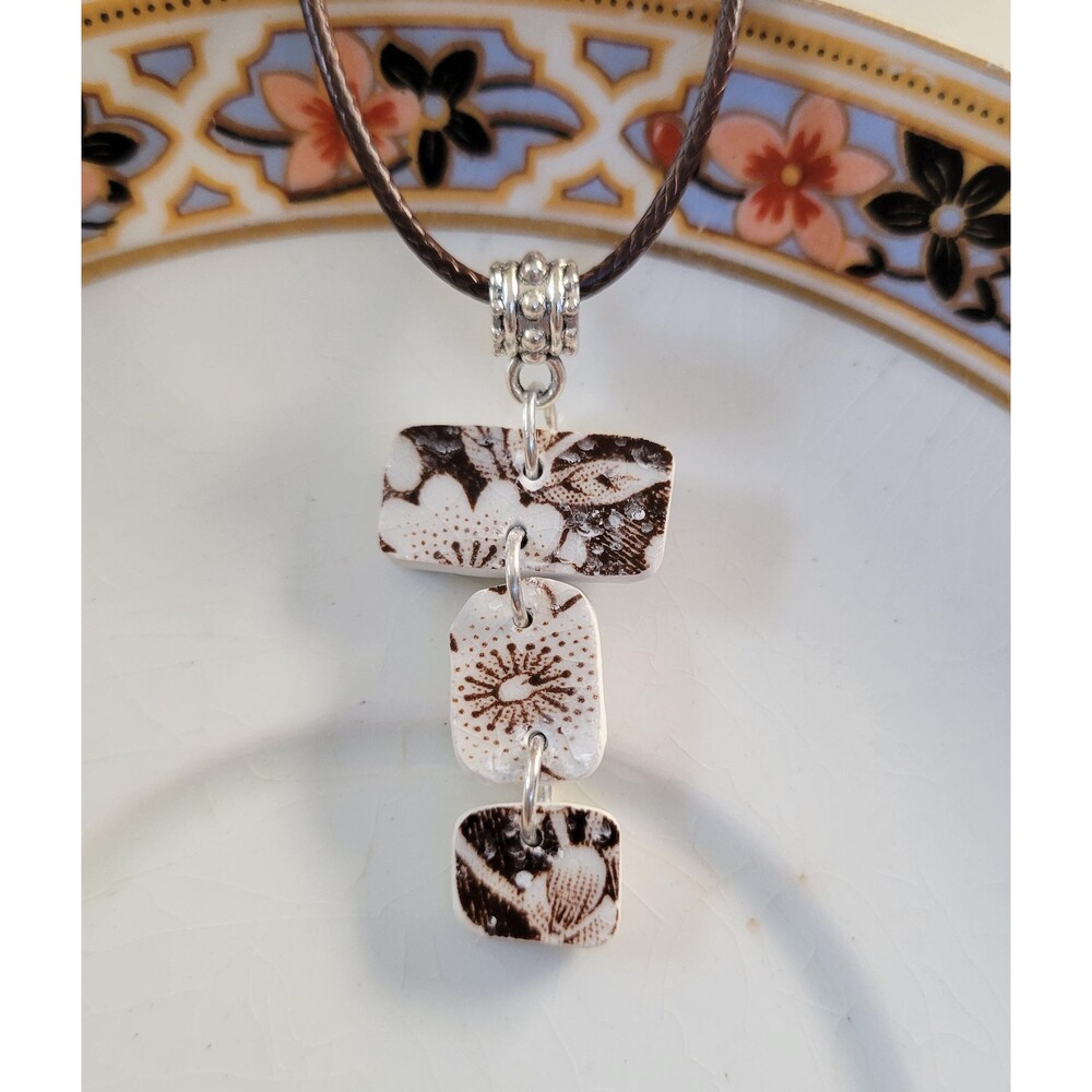 Broken China Brown & White Chintz  Three Layer Pendant Necklace